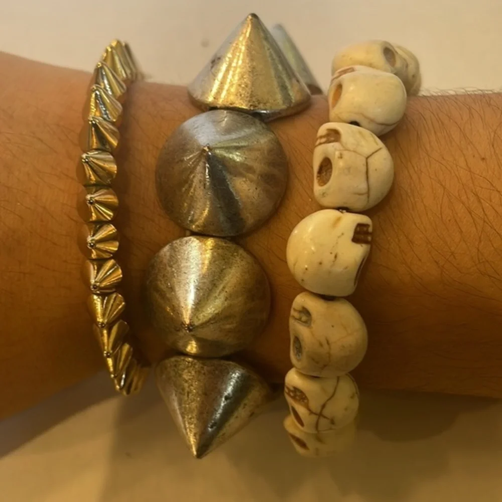 ROCKER SET OF 3 BUNDLE‎ SKULL BRACELET 2 SILVER SPIKE BRACELETS
